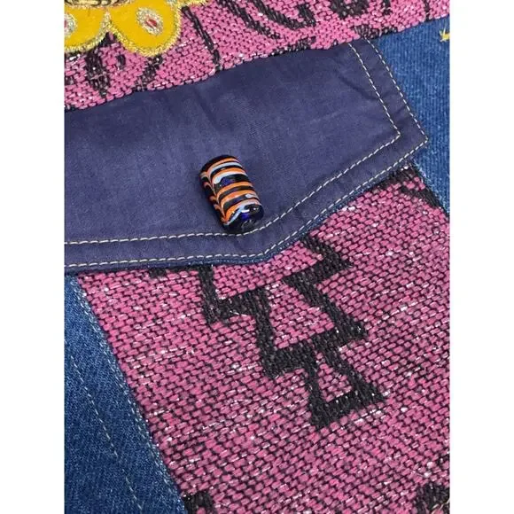 Indigo Moon Denim Chambray Medium Coat Pink Aztec Accent Purple Trim Embellish - Picture 4 of 13